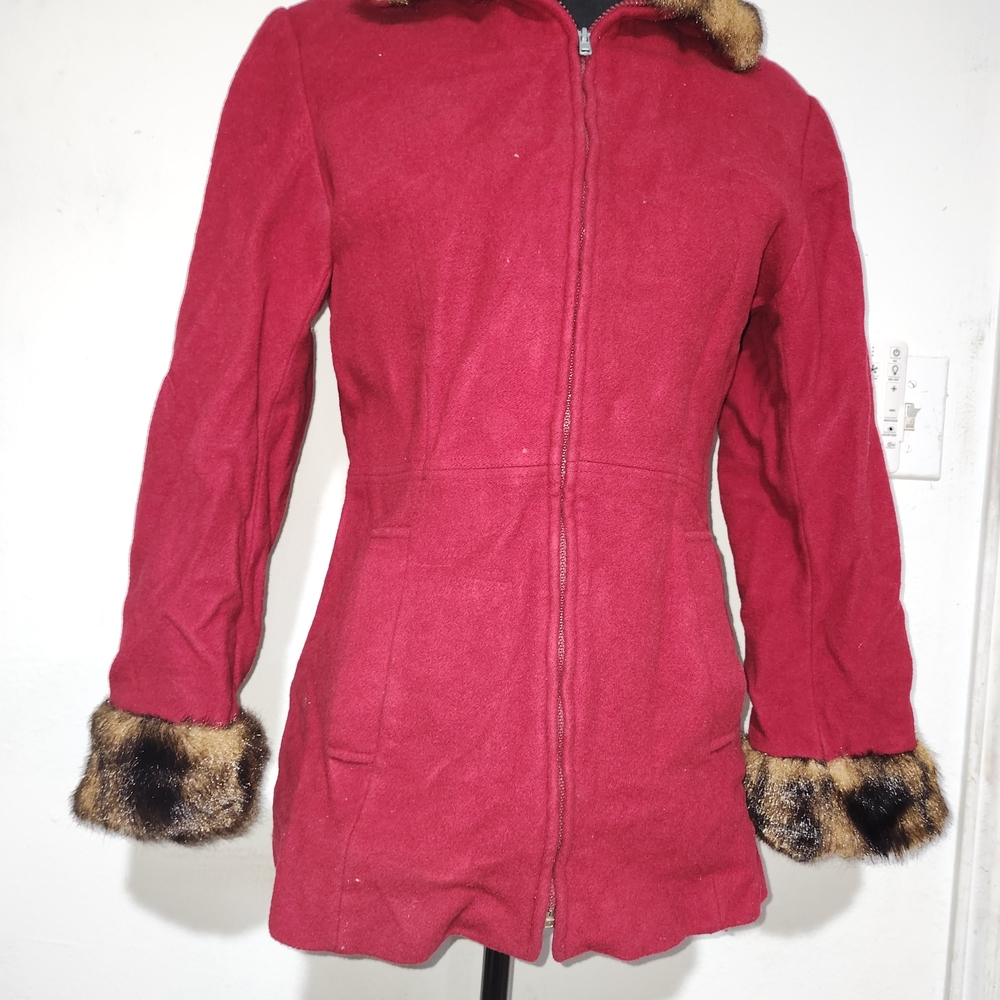 Elegant Red Teddy Jacket with Faux Fur Trim
